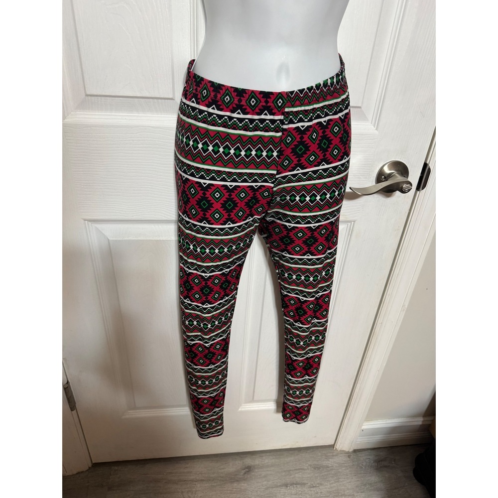 No Comment Womens Red Green Geometric Fair Isle Holiday Leggings Size S RK412629